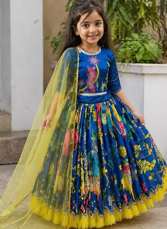 Alluring Chinon Silk Embroidery Digital Printed Rama Lehenga Choli