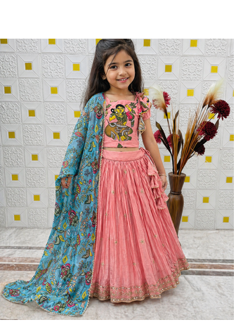 Designer Chinon Silk Embroidery With Digital Printed Peach Lehenga Choli 1