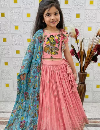 Designer Chinon Silk Embroidery With Digital Printed Peach Lehenga Choli