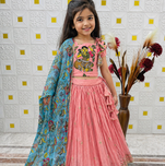 Designer Chinon Silk Embroidery With Digital Printed Peach Lehenga Choli