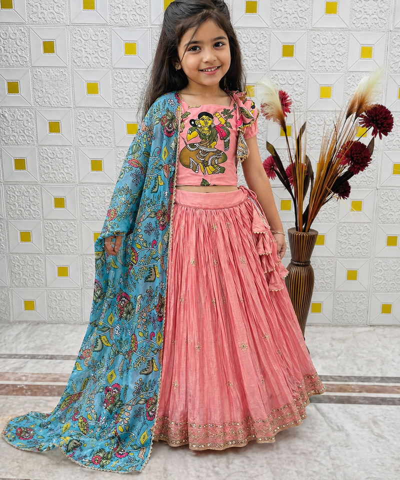 Designer Chinon Silk Embroidery With Digital Printed Peach Lehenga Choli