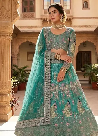 RAMA GREEN BUTTERFLY NET PARTY WEAR EMBROIDERY LEHNGHA CHOLI