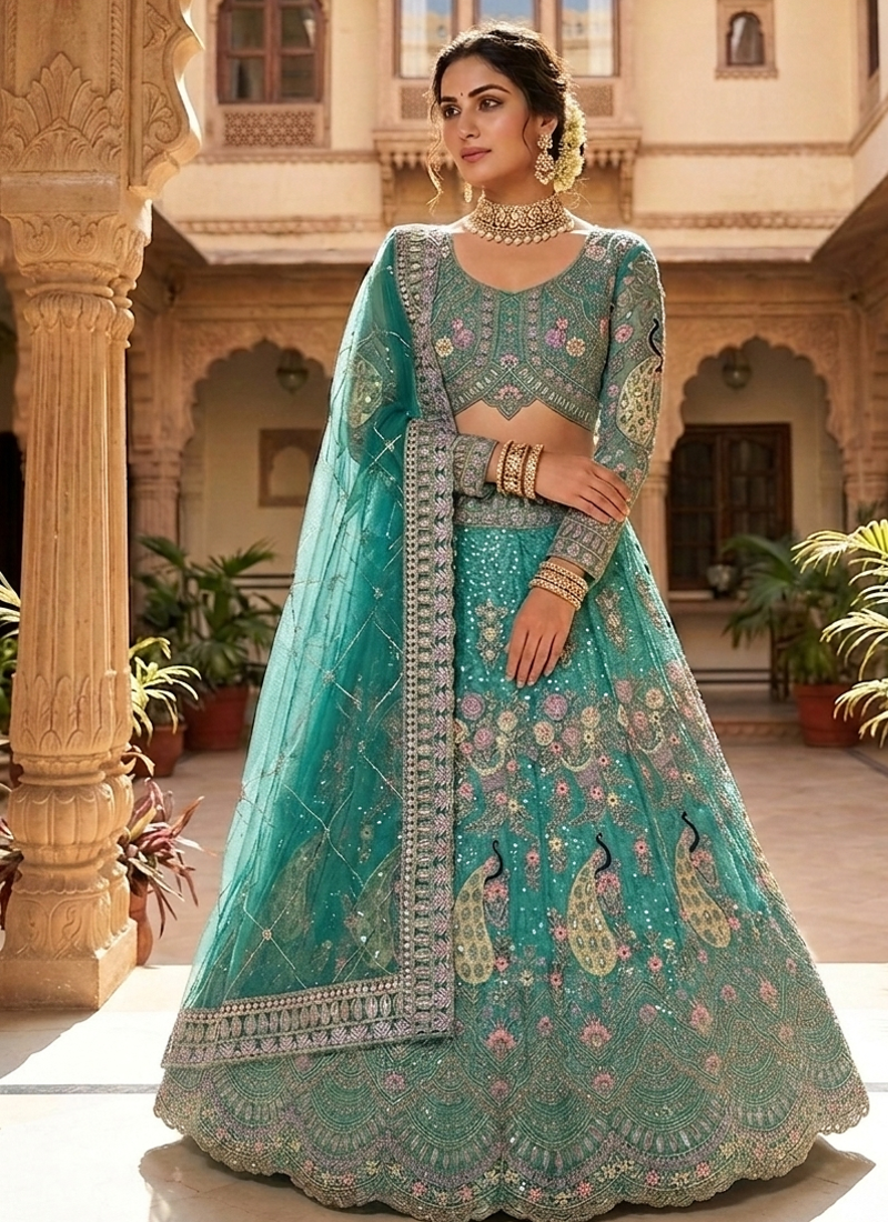 RAMA GREEN BUTTERFLY NET PARTY WEAR EMBROIDERY LEHNGHA CHOLI