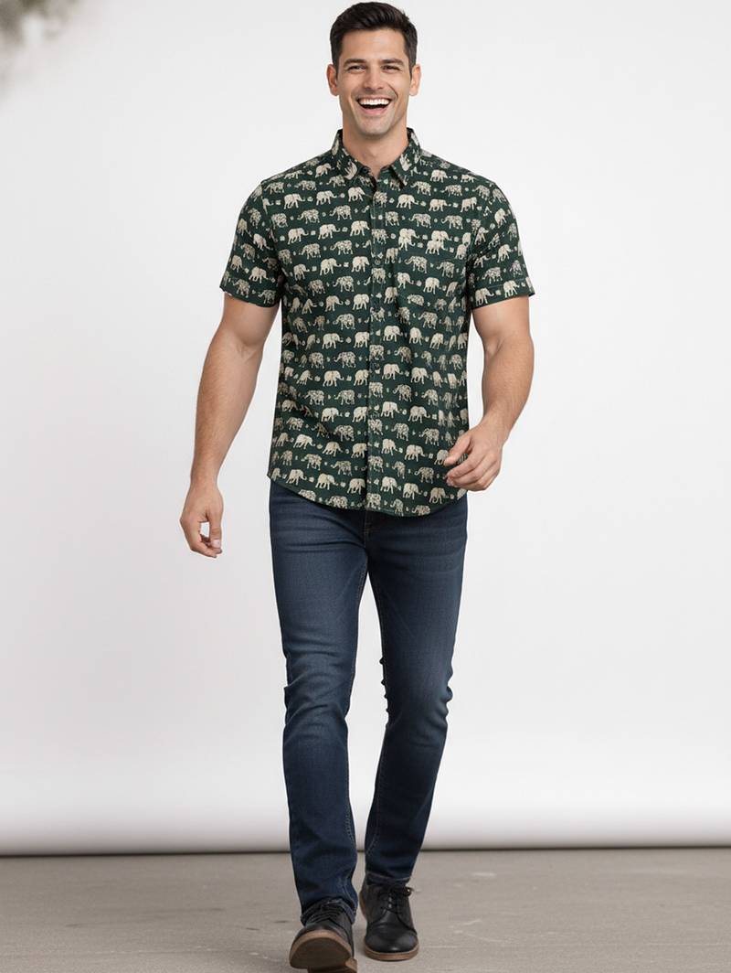 Mens green self design cotton fabric shirt short sleeves shirt collor