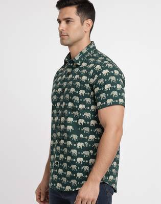Mens green self design cotton fabric shirt short sleeves shirt collor 5