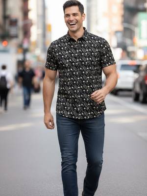 Mens black self design cotton fabric shirt short sleeves shirt collor 1