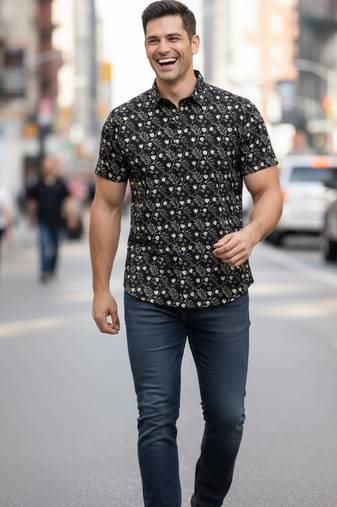 Mens black self design cotton fabric shirt short sleeves shirt collor