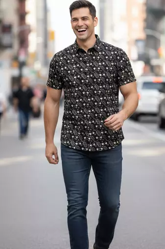 Mens black self design cotton fabric shirt short sleeves shirt collor