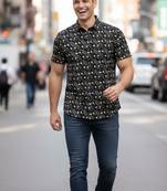 Mens black self design cotton fabric shirt short sleeves shirt collor