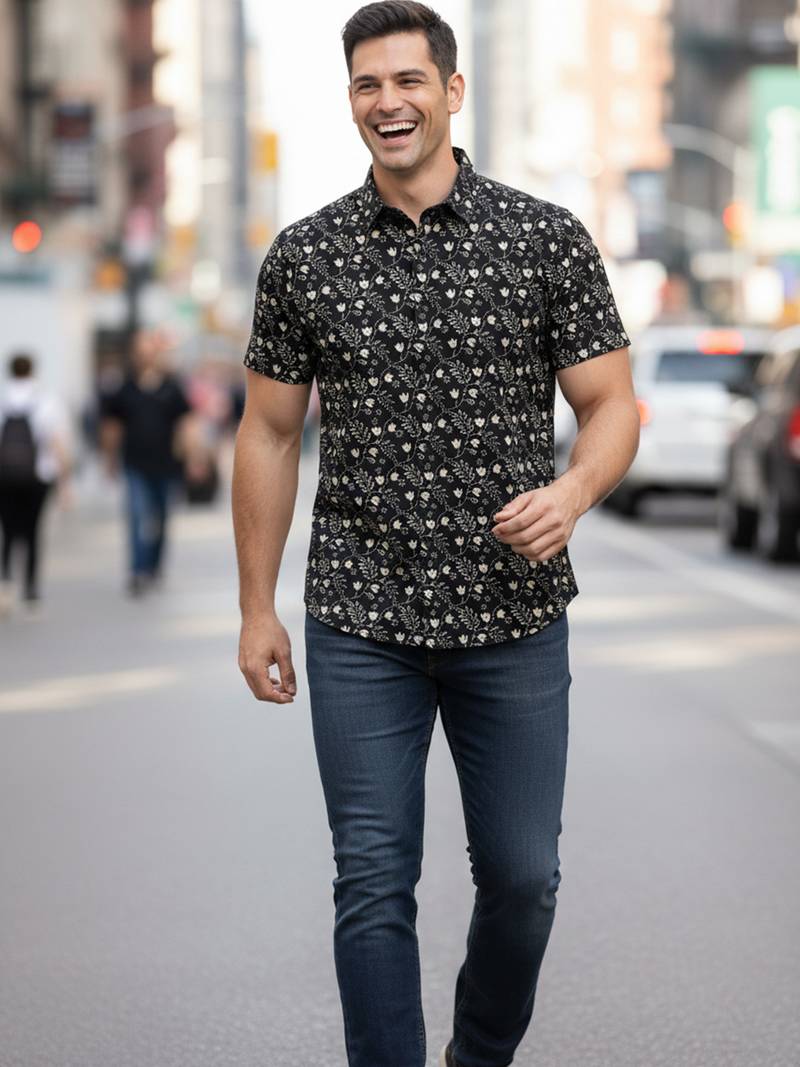 Mens black self design cotton fabric shirt short sleeves shirt collor