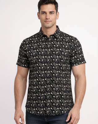 Mens black self design cotton fabric shirt short sleeves shirt collor 2