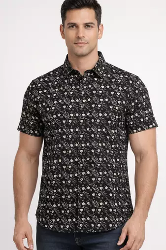 Mens black self design cotton fabric shirt short sleeves shirt collor