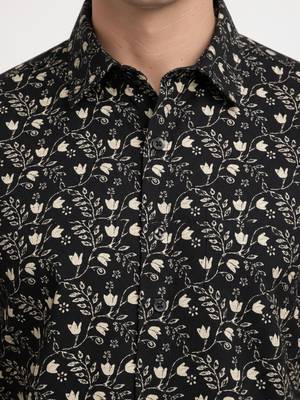 Mens black self design cotton fabric shirt short sleeves shirt collor 3