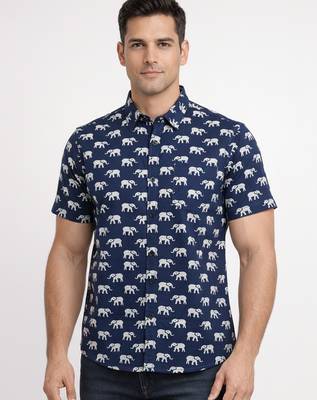 Mens navy blue self design cotton fabric shirt short sleeves shirt collor 1