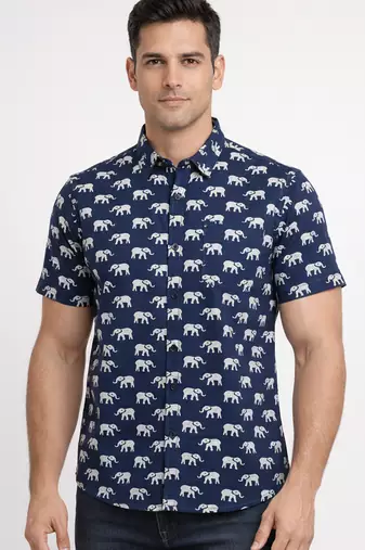 Mens navy blue self design cotton fabric shirt short sleeves shirt collor