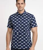 Mens navy blue self design cotton fabric shirt short sleeves shirt collor