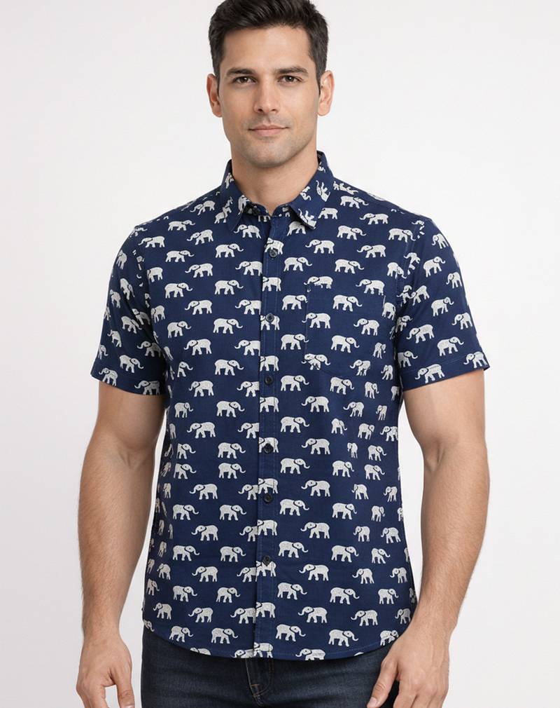 Mens navy blue self design cotton fabric shirt short sleeves shirt collor