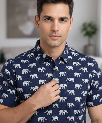 Mens navy blue self design cotton fabric shirt short sleeves shirt collor 2