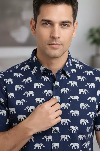 Mens navy blue self design cotton fabric shirt short sleeves shirt collor