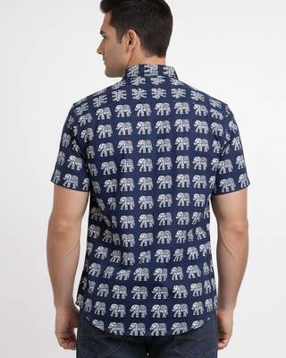 Mens navy blue self design cotton fabric shirt short sleeves shirt collor 4
