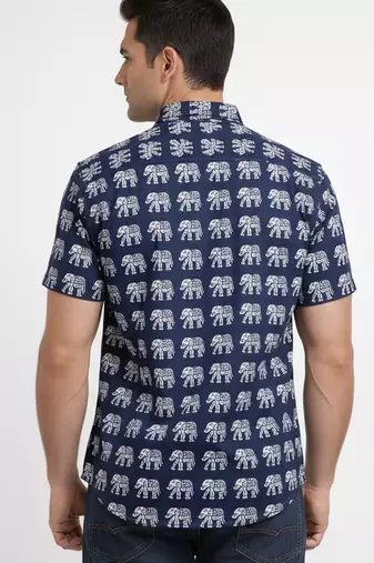 Mens navy blue self design cotton fabric shirt short sleeves shirt collor
