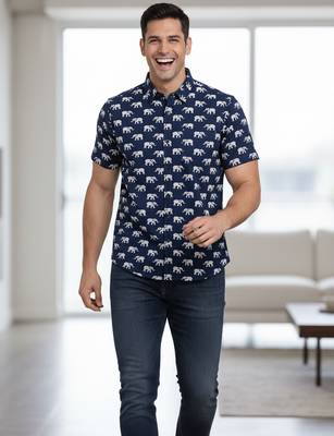 Mens navy blue self design cotton fabric shirt short sleeves shirt collor 5