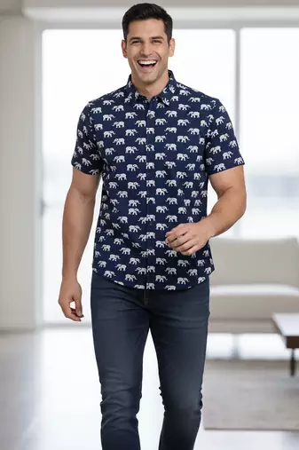 Mens navy blue self design cotton fabric shirt short sleeves shirt collor