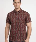 Mens maroon self design cotton fabric shirt short sleeves shirt collor
