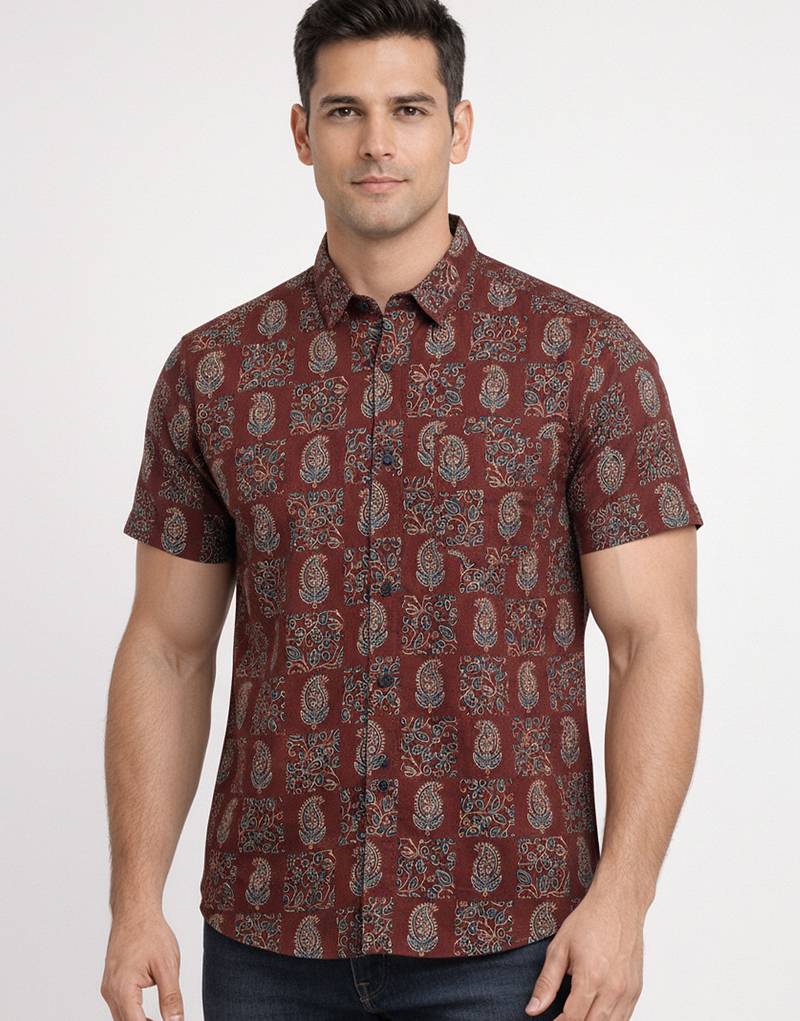 Mens maroon self design cotton fabric shirt short sleeves shirt collor