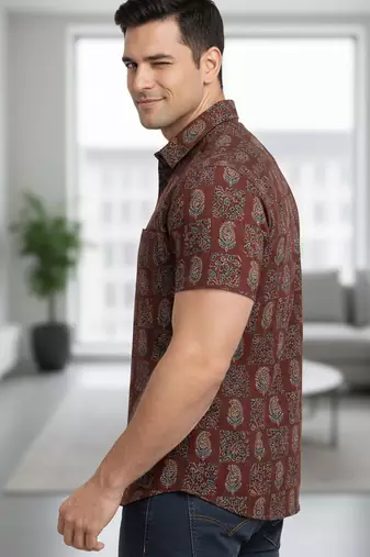 Mens maroon self design cotton fabric shirt short sleeves shirt collor