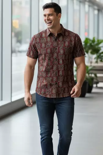 Mens maroon self design cotton fabric shirt short sleeves shirt collor