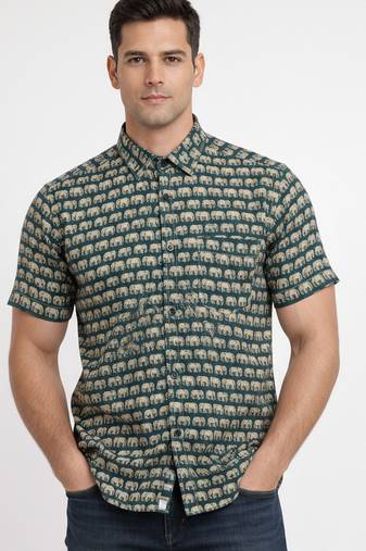 Mens teal self design cotton fabric shirt short sleeves shirt collor