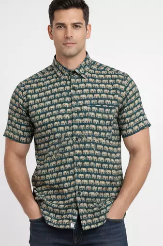 Mens teal self design cotton fabric shirt short sleeves shirt collor