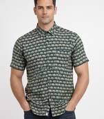 Mens teal self design cotton fabric shirt short sleeves shirt collor
