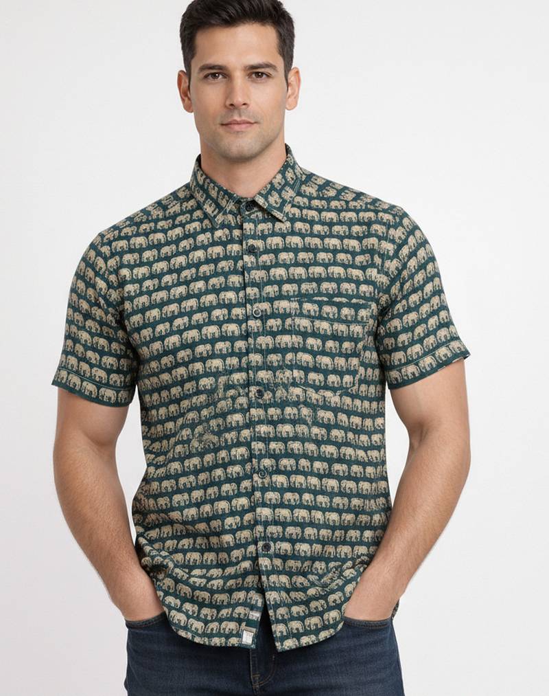 Mens teal self design cotton fabric shirt short sleeves shirt collor