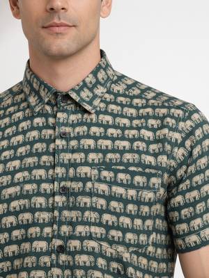 Mens teal self design cotton fabric shirt short sleeves shirt collor 2