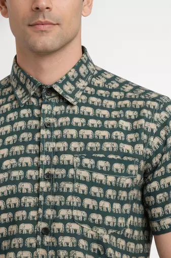 Mens teal self design cotton fabric shirt short sleeves shirt collor