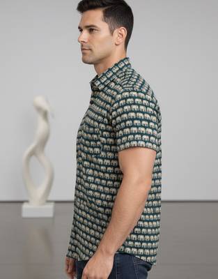 Mens teal self design cotton fabric shirt short sleeves shirt collor 3