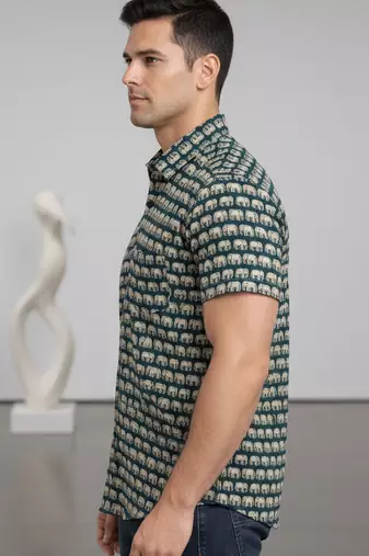 Mens teal self design cotton fabric shirt short sleeves shirt collor