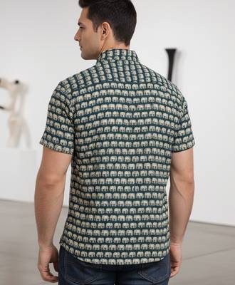 Mens teal self design cotton fabric shirt short sleeves shirt collor 4