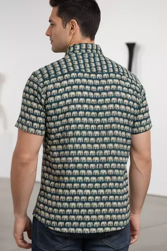 Mens teal self design cotton fabric shirt short sleeves shirt collor