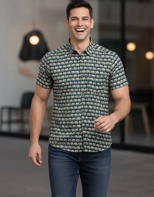 Mens teal self design cotton fabric shirt short sleeves shirt collor 5