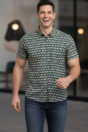 Mens teal self design cotton fabric shirt short sleeves shirt collor