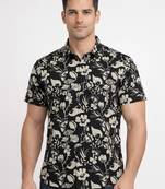 Mens black self design cotton fabric shirt short sleeves shirt collor