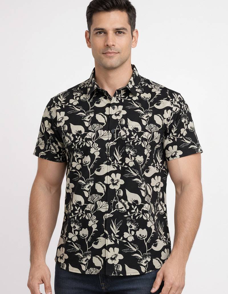 Mens black self design cotton fabric shirt short sleeves shirt collor