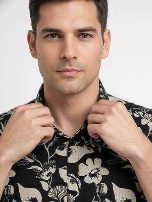 Mens black self design cotton fabric shirt short sleeves shirt collor 2