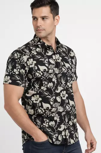Mens black self design cotton fabric shirt short sleeves shirt collor
