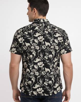 Mens black self design cotton fabric shirt short sleeves shirt collor 4