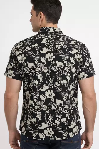 Mens black self design cotton fabric shirt short sleeves shirt collor