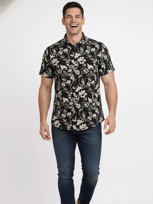 Mens black self design cotton fabric shirt short sleeves shirt collor 5